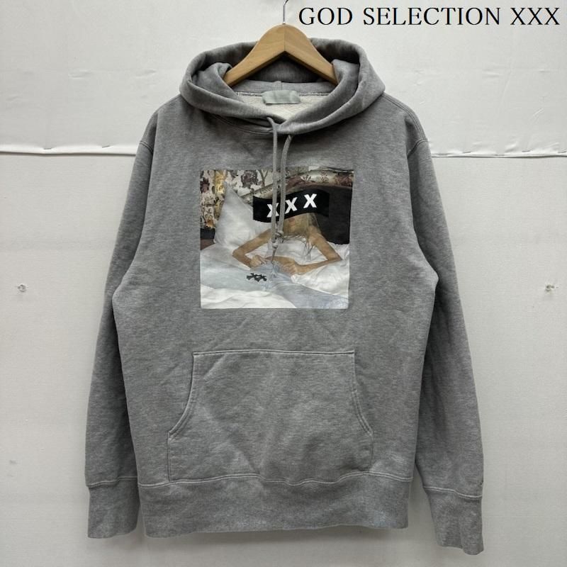 【人気】GOD SELECTION XXX フォトプリント パーカー グレー L ゴッドセレクショントリプルエックス フード ロゴ フォト プリント