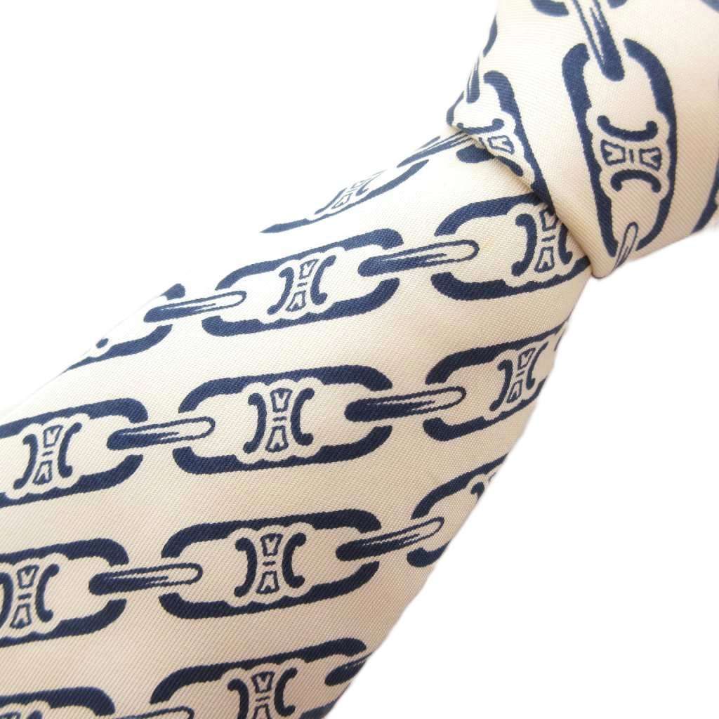 セリーヌ CELINE ネクタイ ワイドタイ 総柄 白 ホワイト 紺 ネイビー