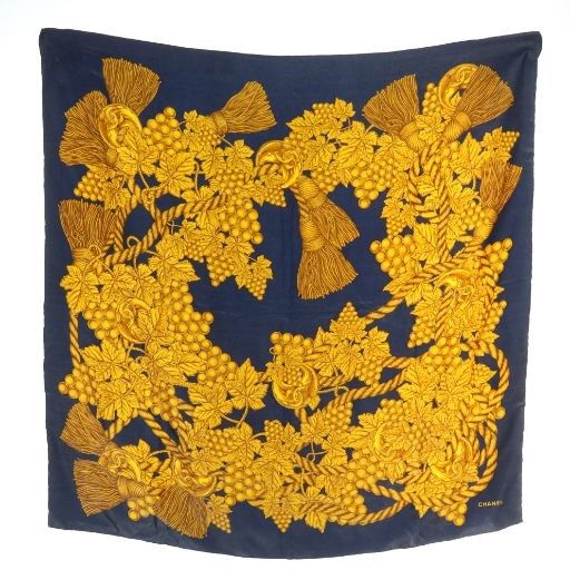 シャネル CHANEL スカーフ 大判 絹 シルク 総柄 ココマーク ロゴ 紺