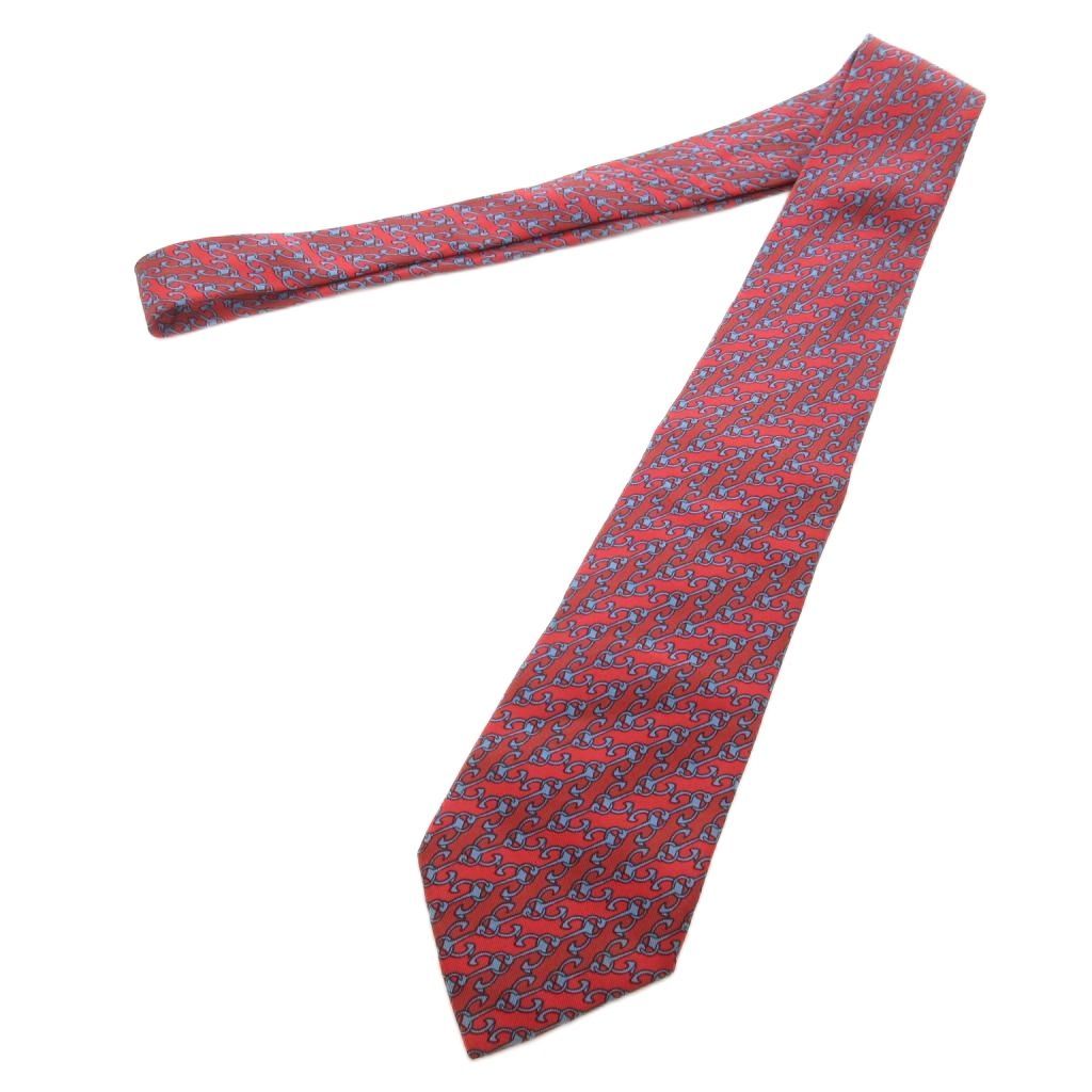 エルメス HERMES 美品 ネクタイ レギュラータイ 総柄 鎖 ロゴ シルク