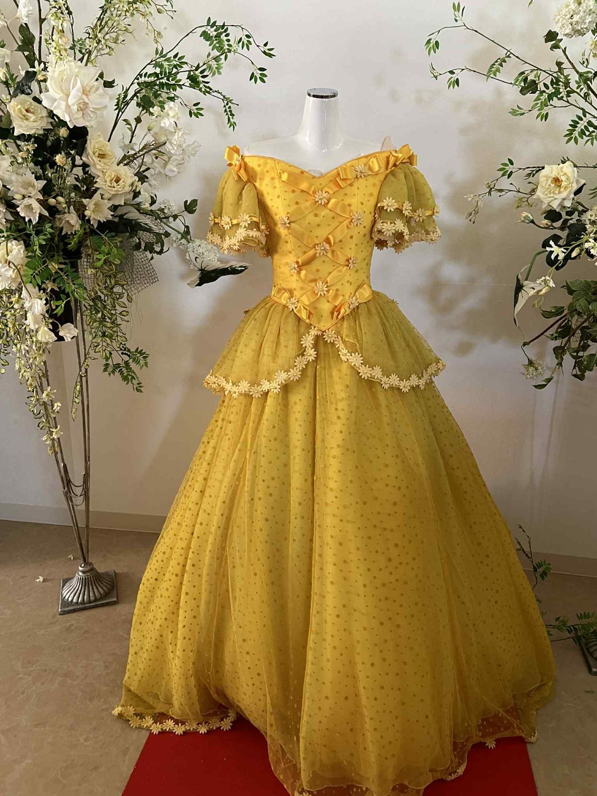 貸衣装処分品カクテルドレス 9号 レース 黄色 リボン