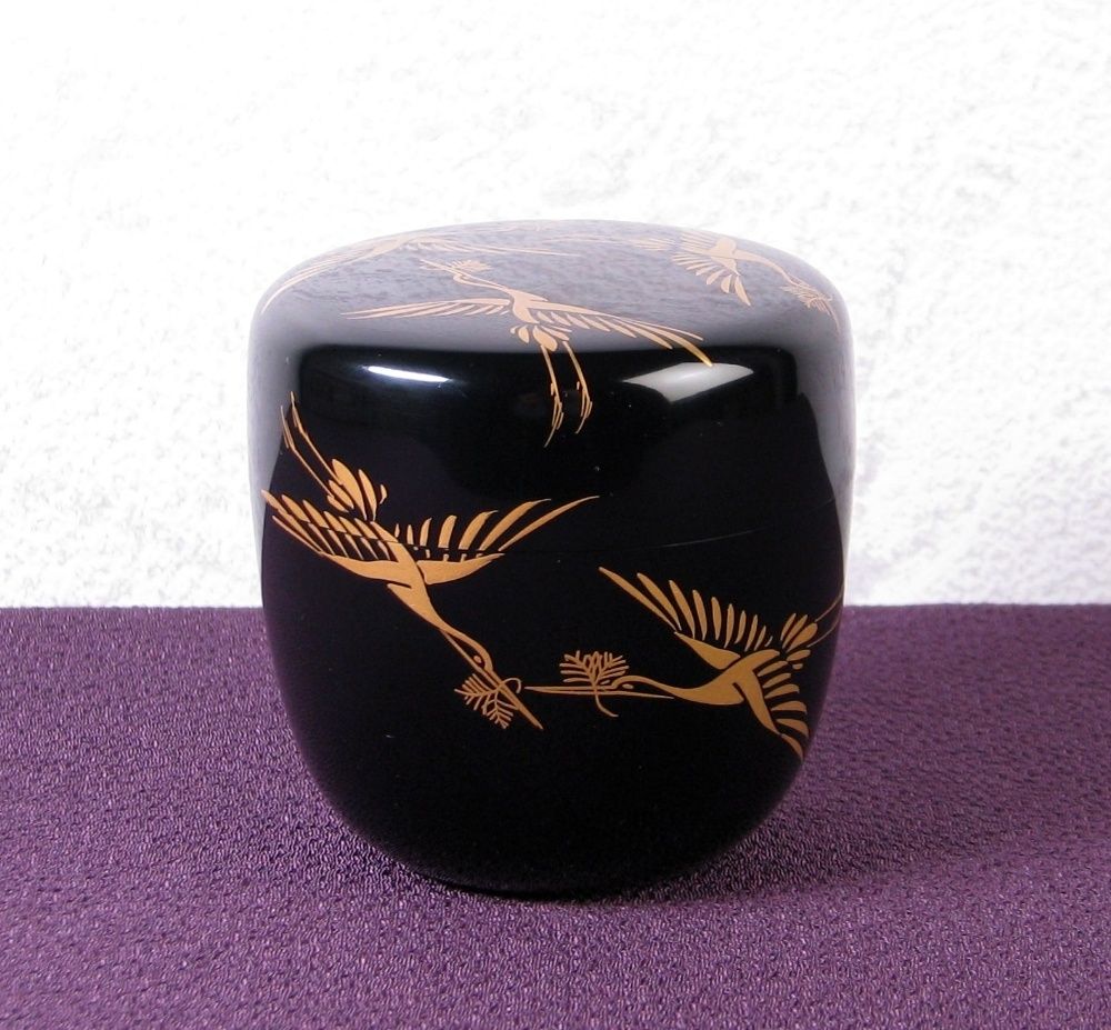 輪島塗 岡本陽斎作 松喰鶴蒔絵 黒中棗 幅：6.8cm 美品 共箱 茶道具