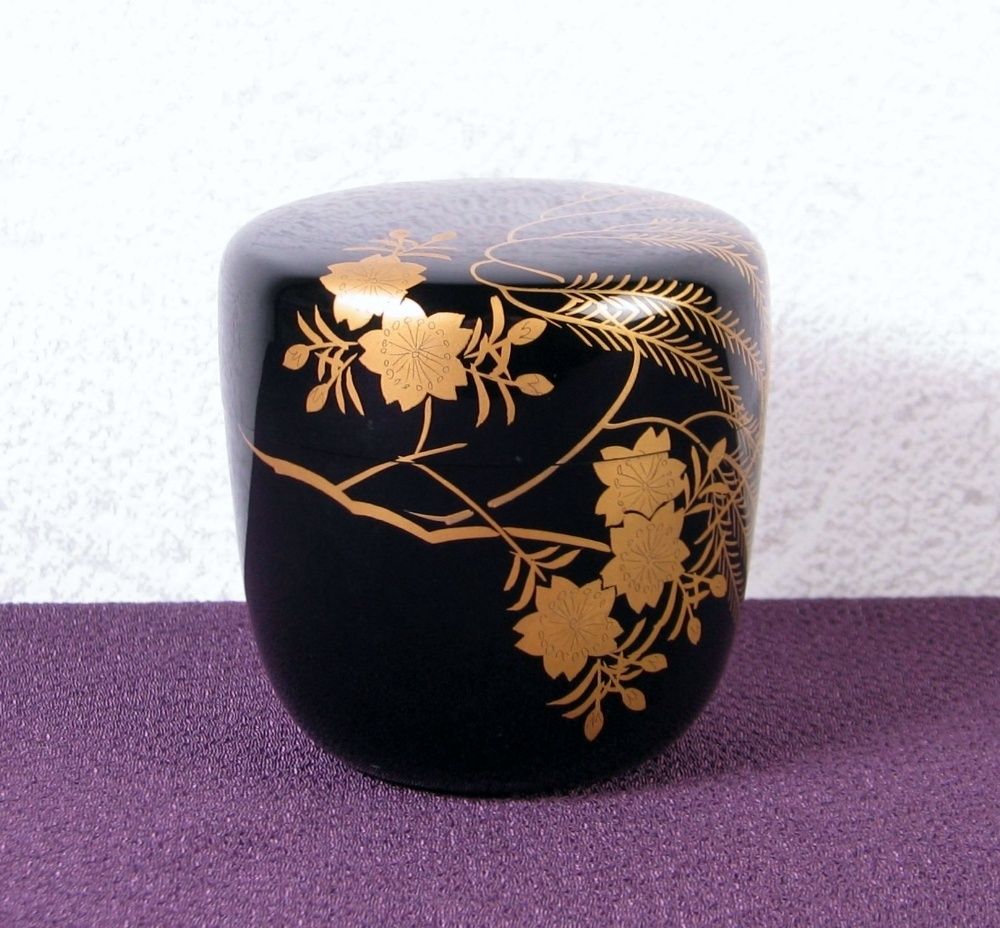 輪島塗 岡本陽斎作 柳桜蒔絵 黒中棗 幅：6.7cm 共箱 茶道具/25L007