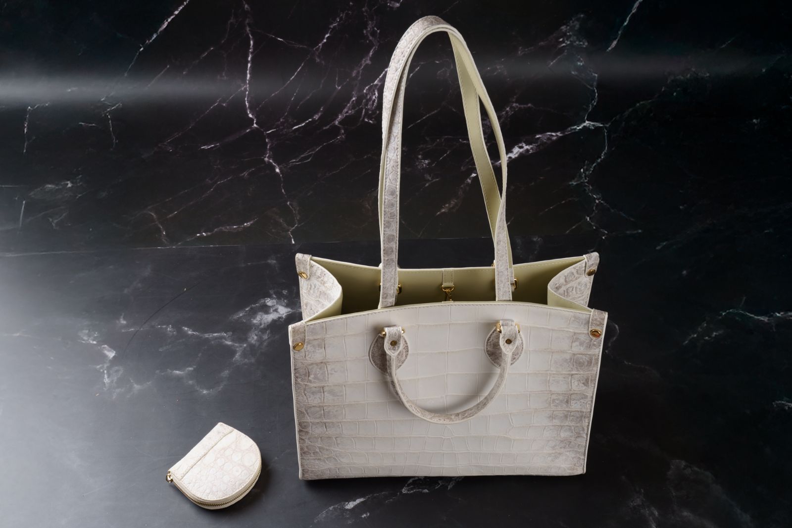 ヒマラヤクロコダイル｜天然グラデーションが輝くセンター取り ハンドバッグトート＆ポーチ付