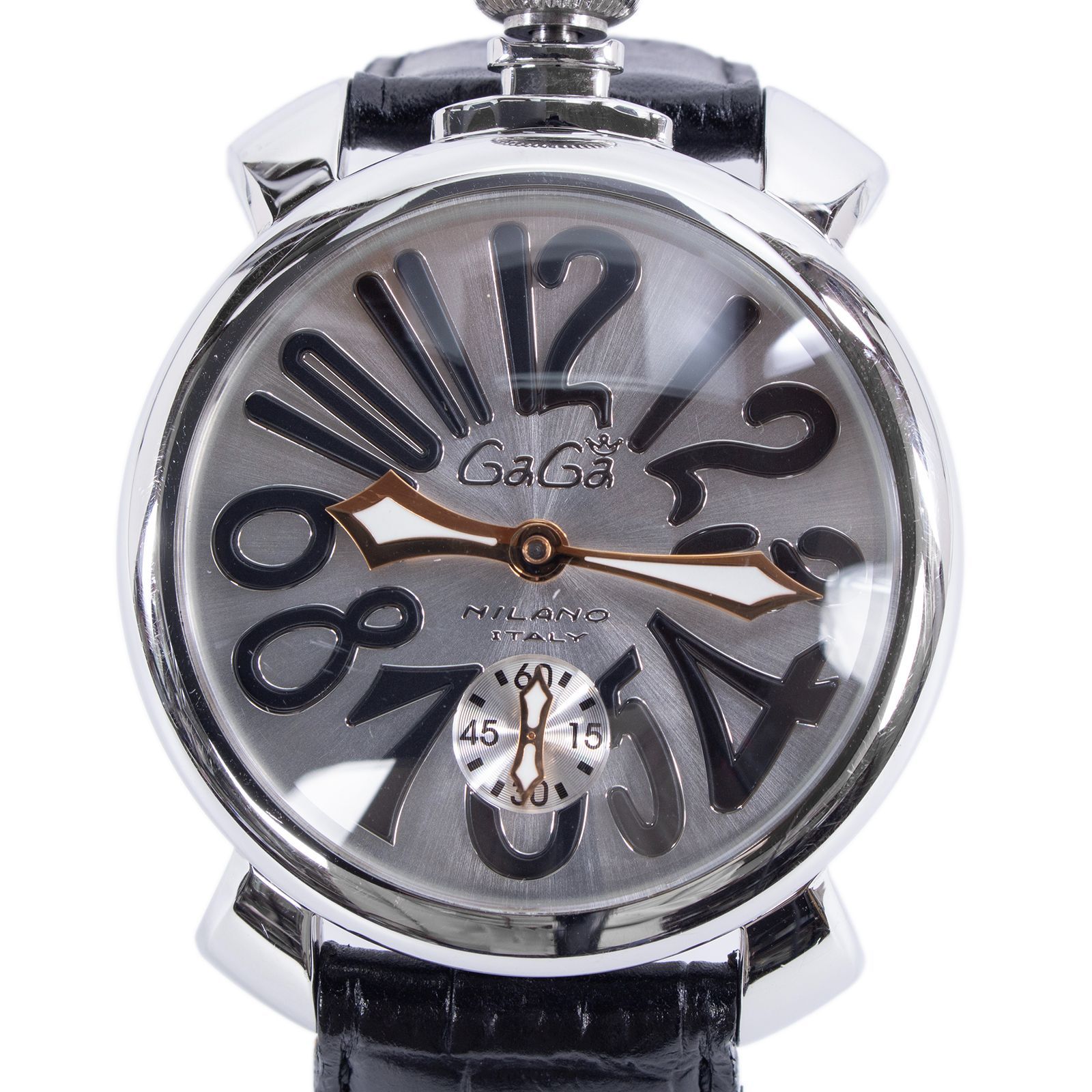 ガガミラノ 腕時計 機械式 手巻き 3針 メンズ マヌアーレ48 mm 5010 07 S シルバー 黒 ブラック 裏スケルトン 珍しい 派手 目立つ 大きい ロゴ マーク 革ベルト ブランド おしゃれ スイス製 X 433