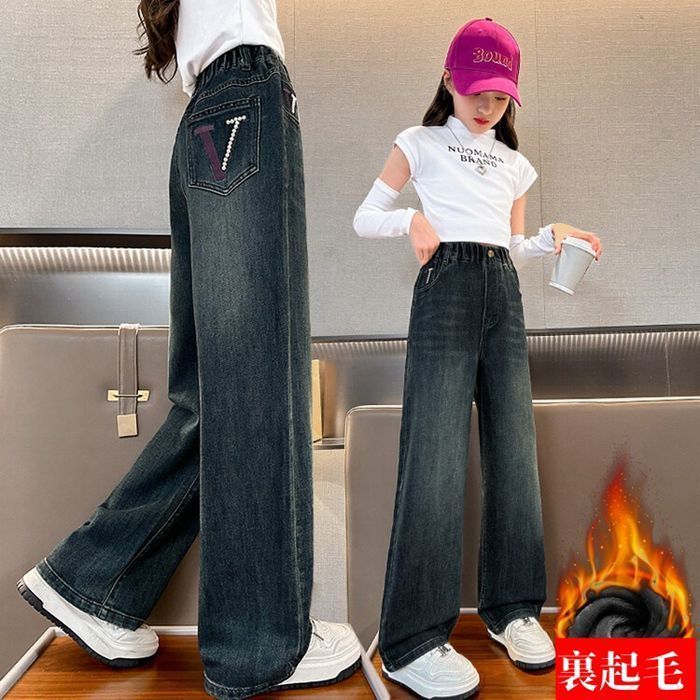 人気定番，定番人気 デニム ワイドパンツ 子供服 キッズ 女の子 ガールズ 裏起毛 厚手 デニムパンツ ワイド フレアパンツ ロングパンツ 長ズボン 秋冬 シンプル 小学生 かわいい ズボン 通学 ジーパン 韓国 chaoyay 長ズボン・ロングパンツ