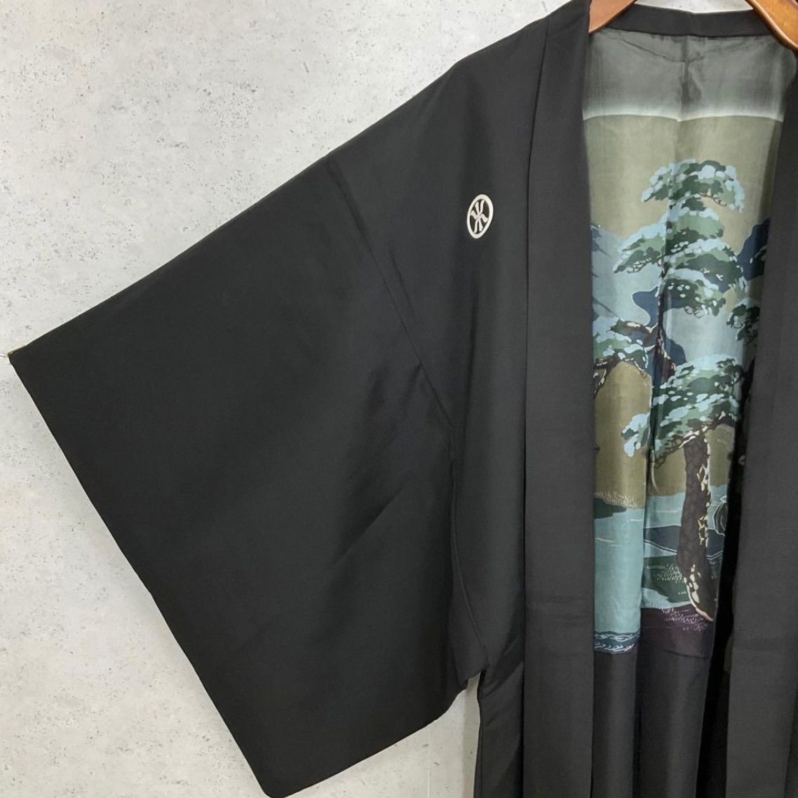 kimono one⬛️男前屋⬛️男黒紋付⬛️アンサンブル⬛️男着物⬛️男羽織⬛️羽二重⬛️正絹⬛️五つ紋⬛️裄69