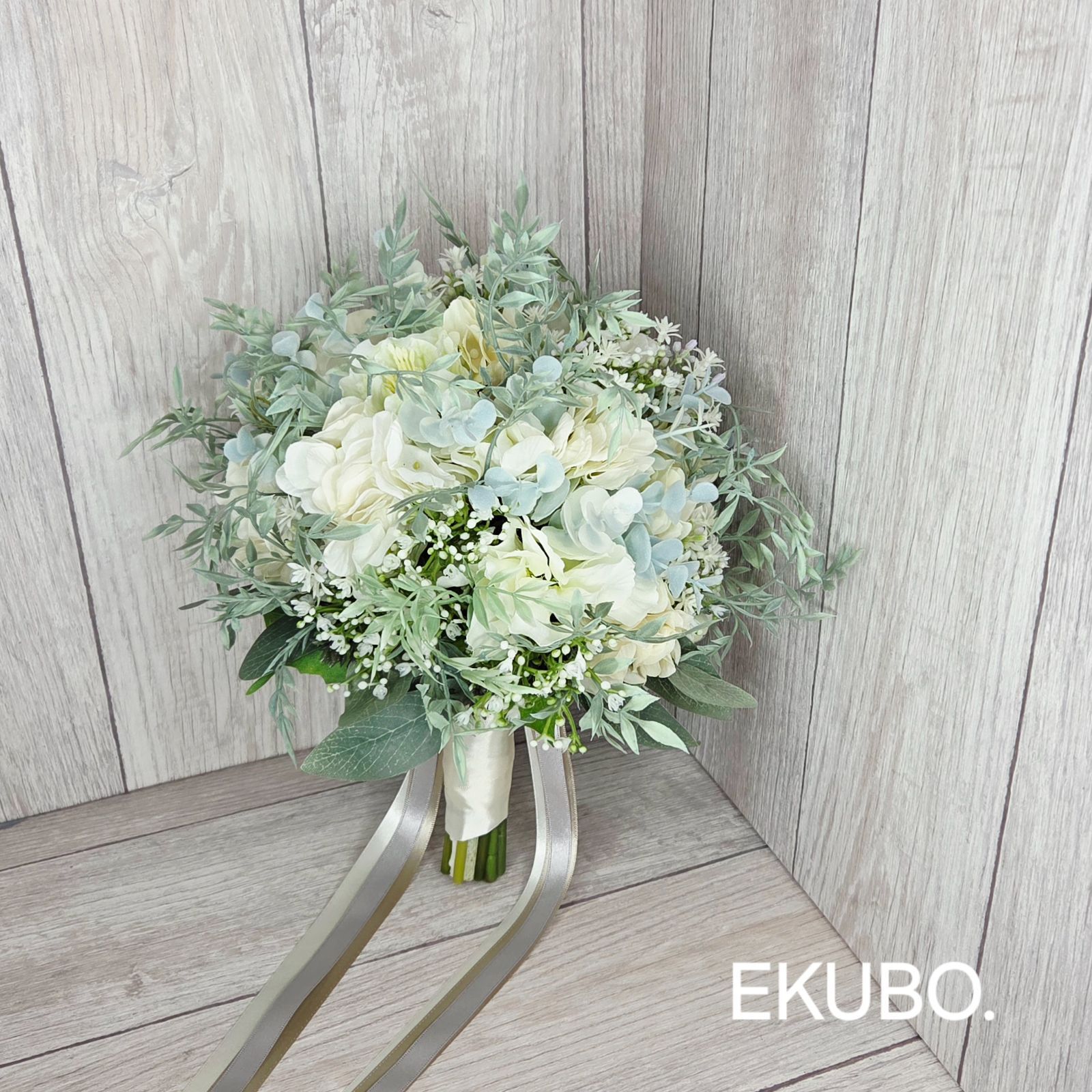  あじさいと小花のブーケ e 473 ウェディングブーケ アーティフィシャルフラワー ブートニア付 ブーケ ウェディング