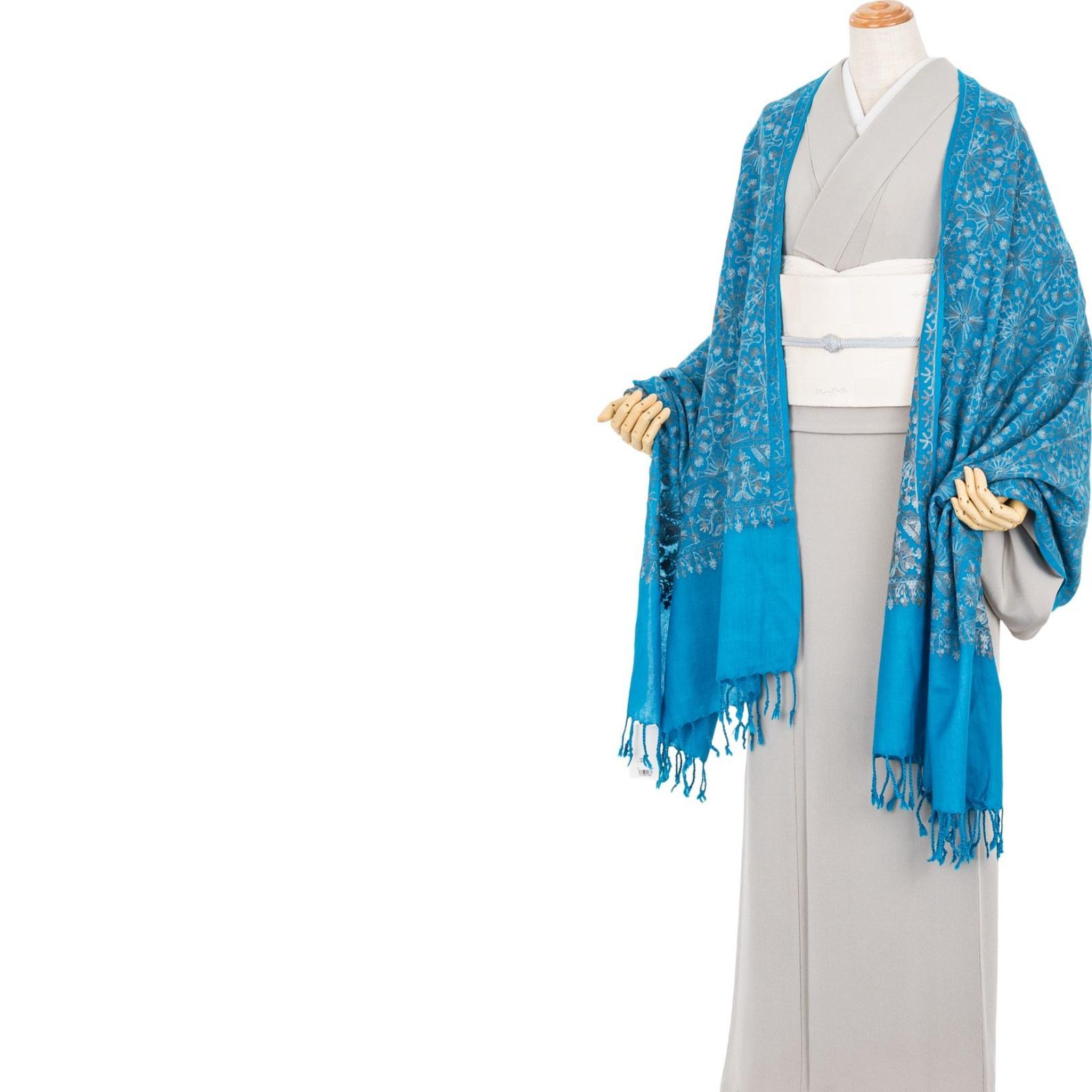 ウール100％大判ショール カシミール刺繍 ターコイズ