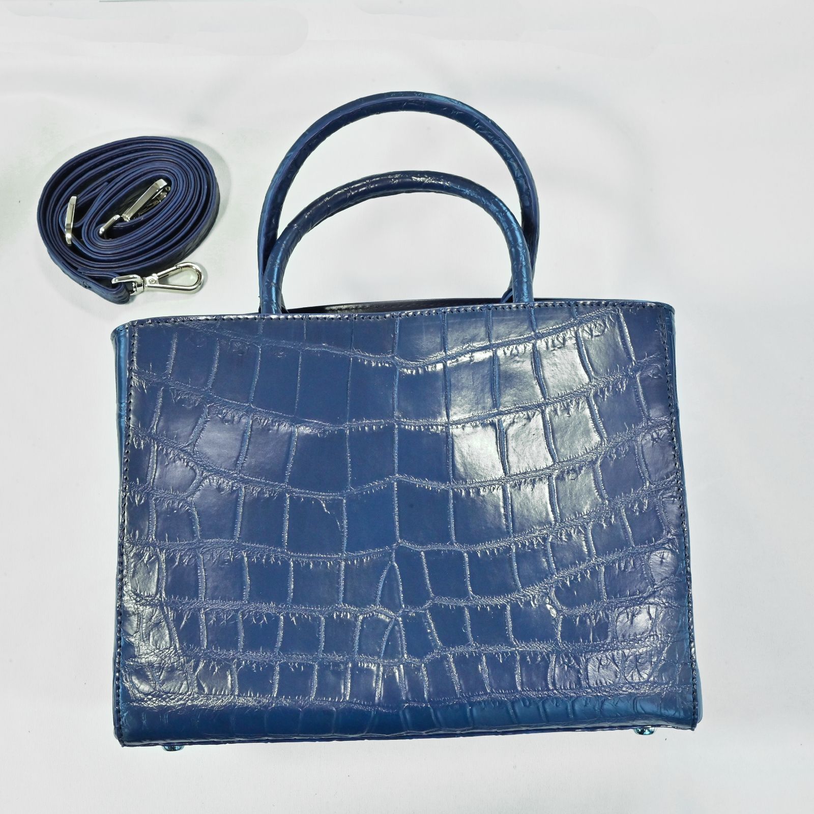 深青クロコダイル本革2 WAYミニトート｜シャイニング加工が輝く