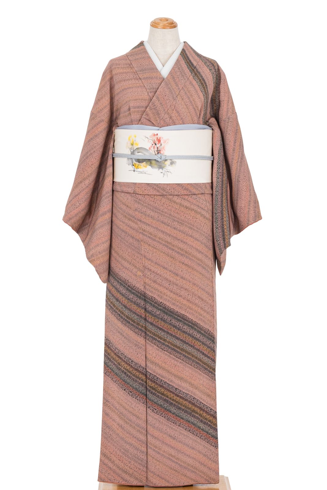 訪問着 縮緬 斜め縞模様 スリムサイズ