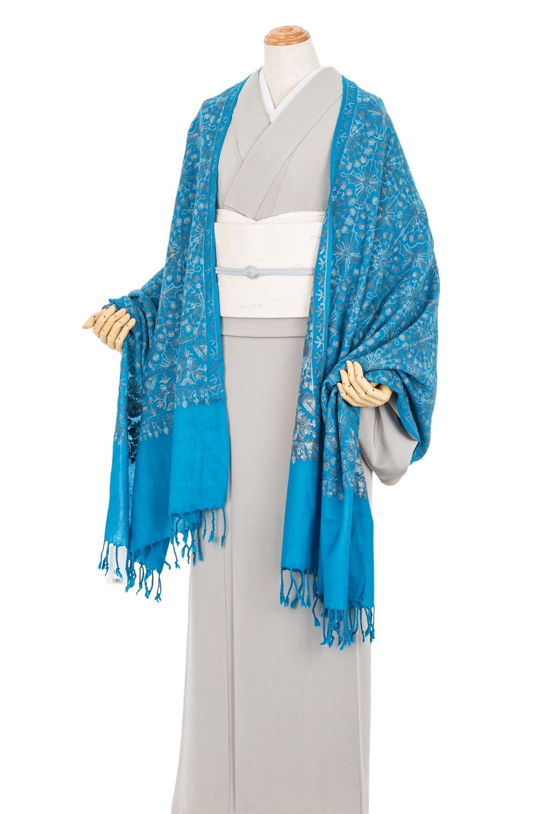 ウール100％大判ショール カシミール刺繍 ターコイズ