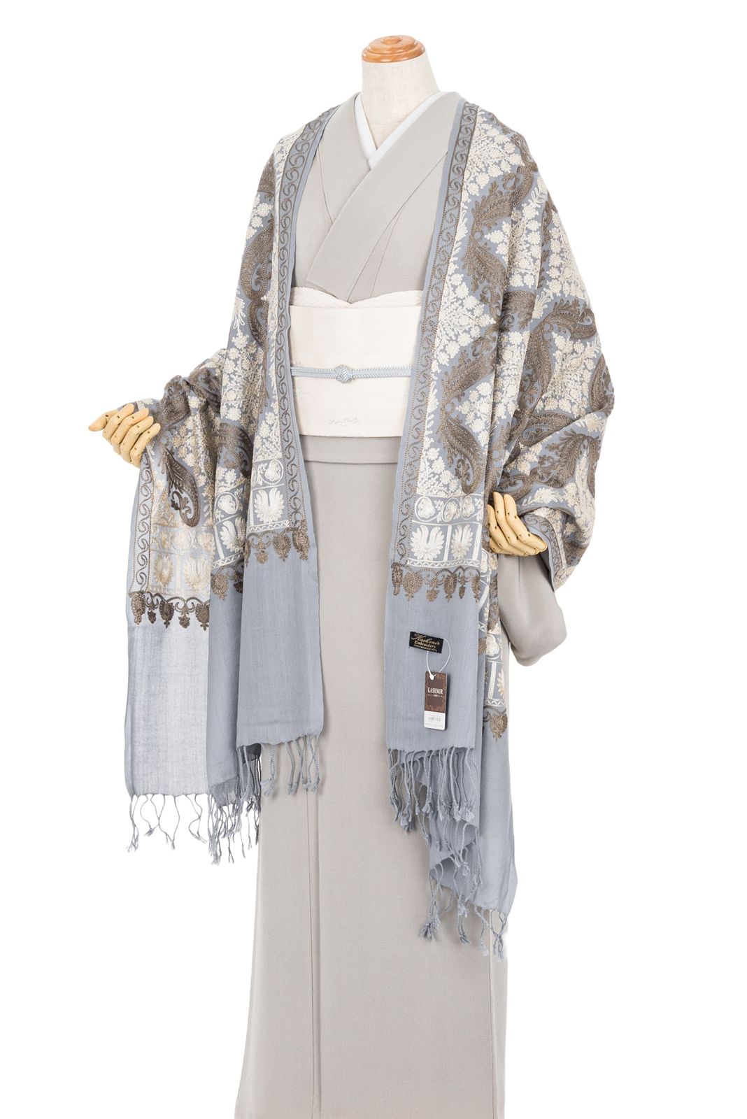 ウール100％大判ショール カシミール刺繍 グレー