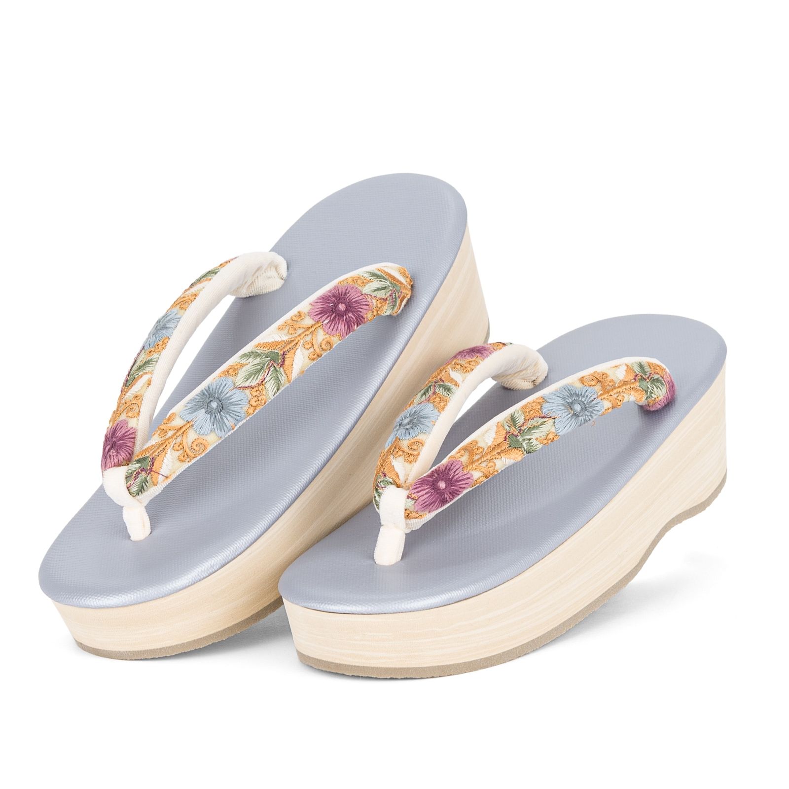 F インド刺繍鼻緒 EVA草履 赤紫と青花 青灰台