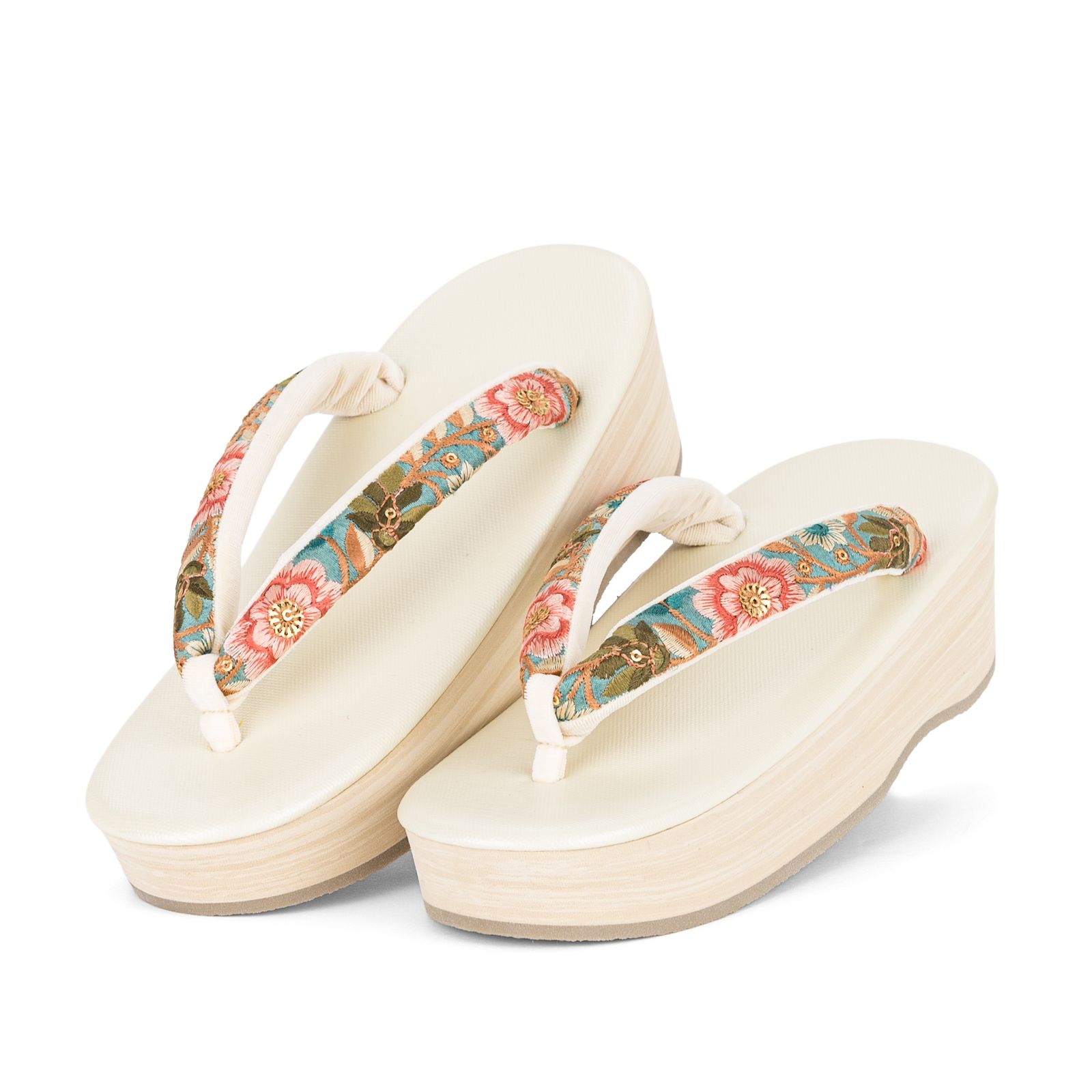 F インド刺繍鼻緒 EVA草履 ピンク花×アイボリー台