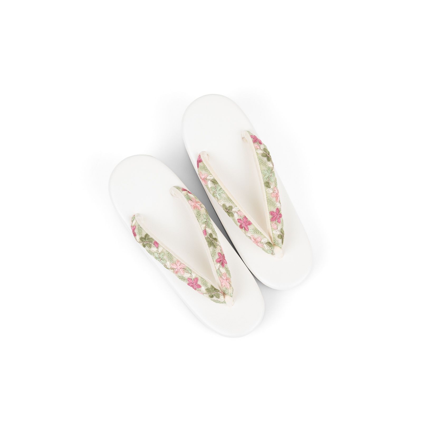 F インド刺繍鼻緒 EVA草履 ピンク＆緑花×白台