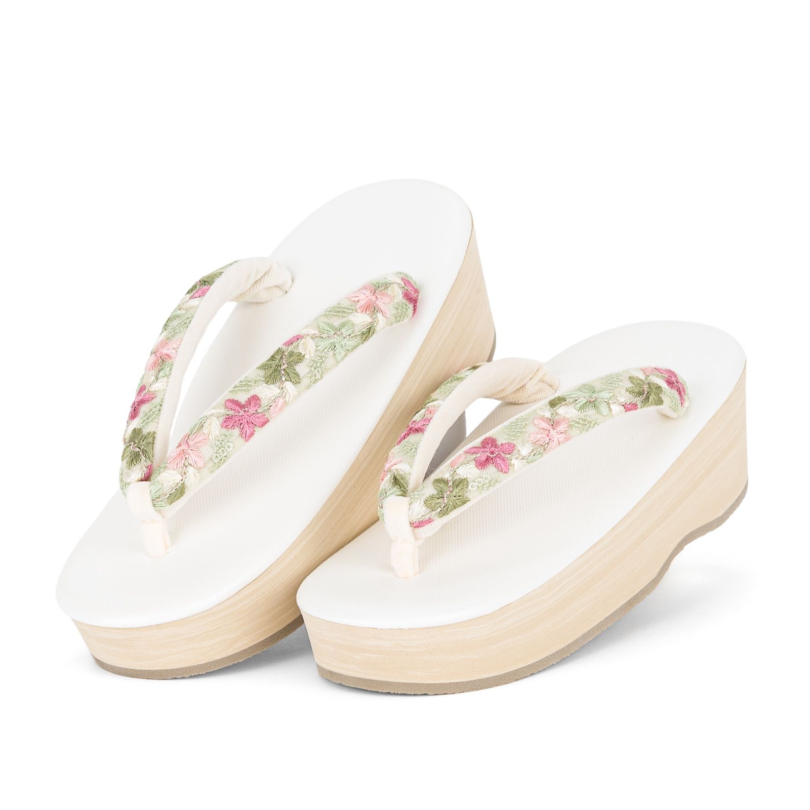 F インド刺繍鼻緒 EVA草履 ピンク＆緑花×白台
