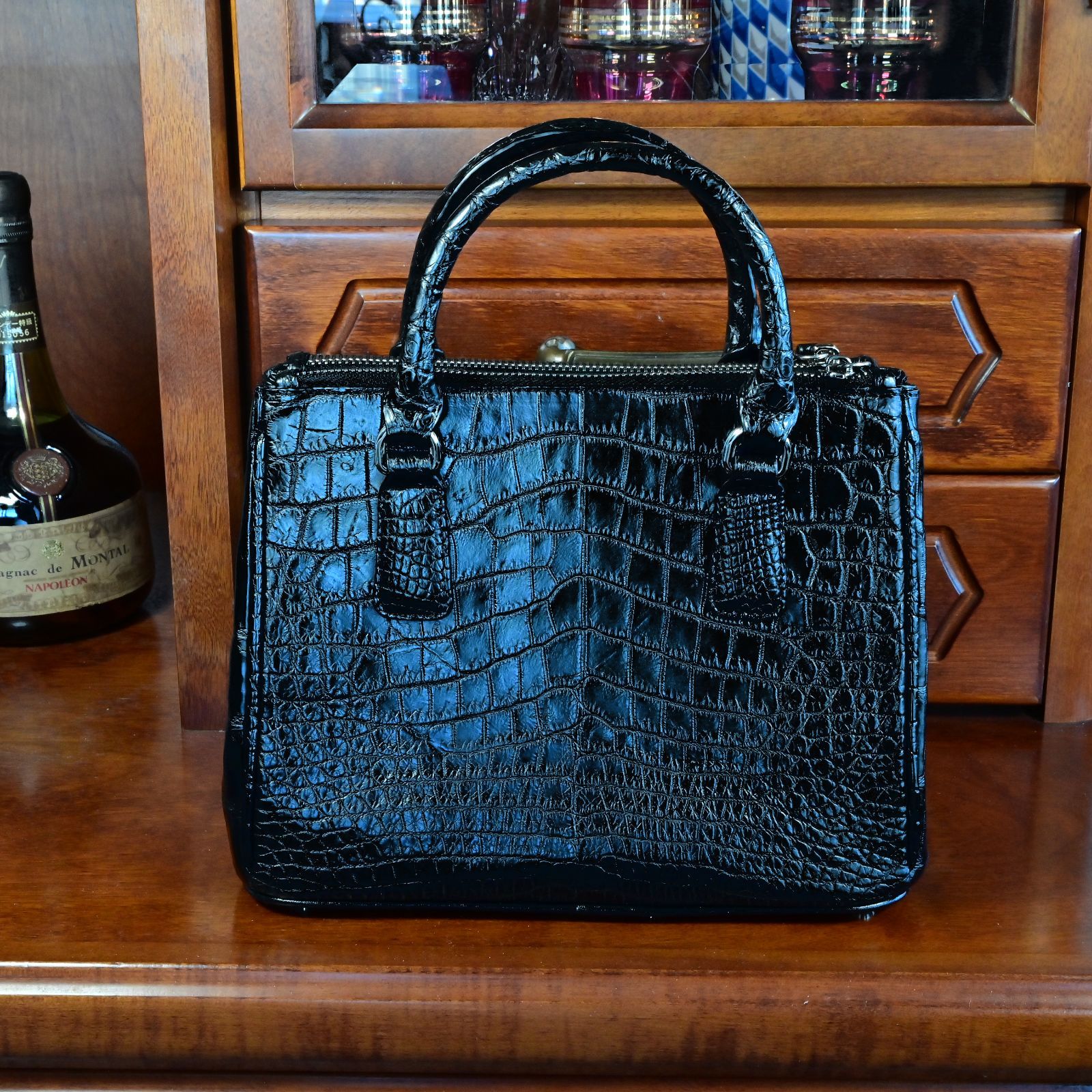 クロコダイルレザー ブラック 3室2 WAYミニトートバッグ 金運 守護 成功を引き寄せる