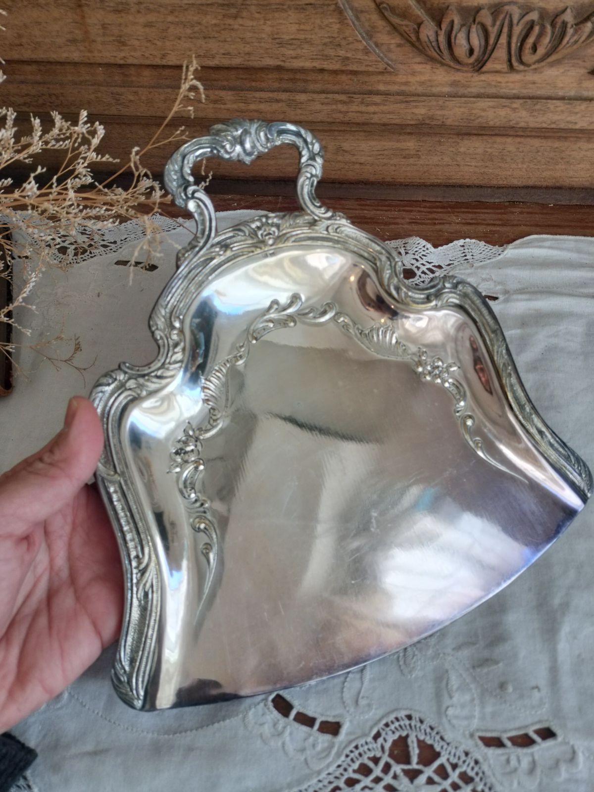 フランス アンティーク 装飾 銀メッキ 塵取り トレー ダストパン 1900