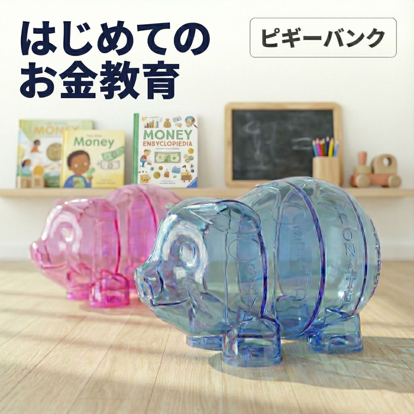 お金の勉強ピギーバンク｜4つの投入口で貯金・使う・寄付・投資が