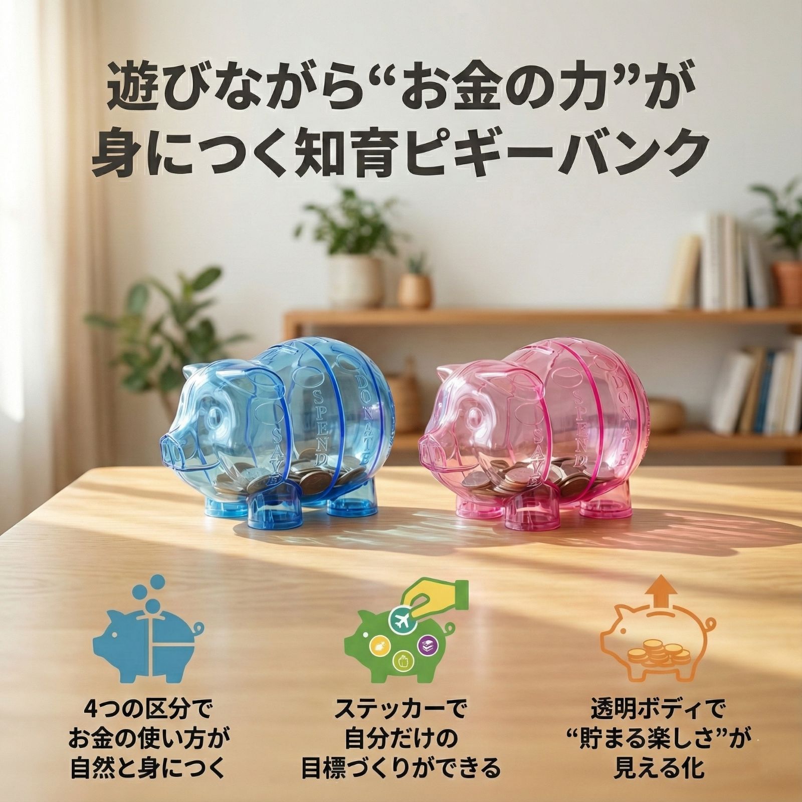 お金の勉強ピギーバンク｜4つの投入口で貯金・使う・寄付・投資が