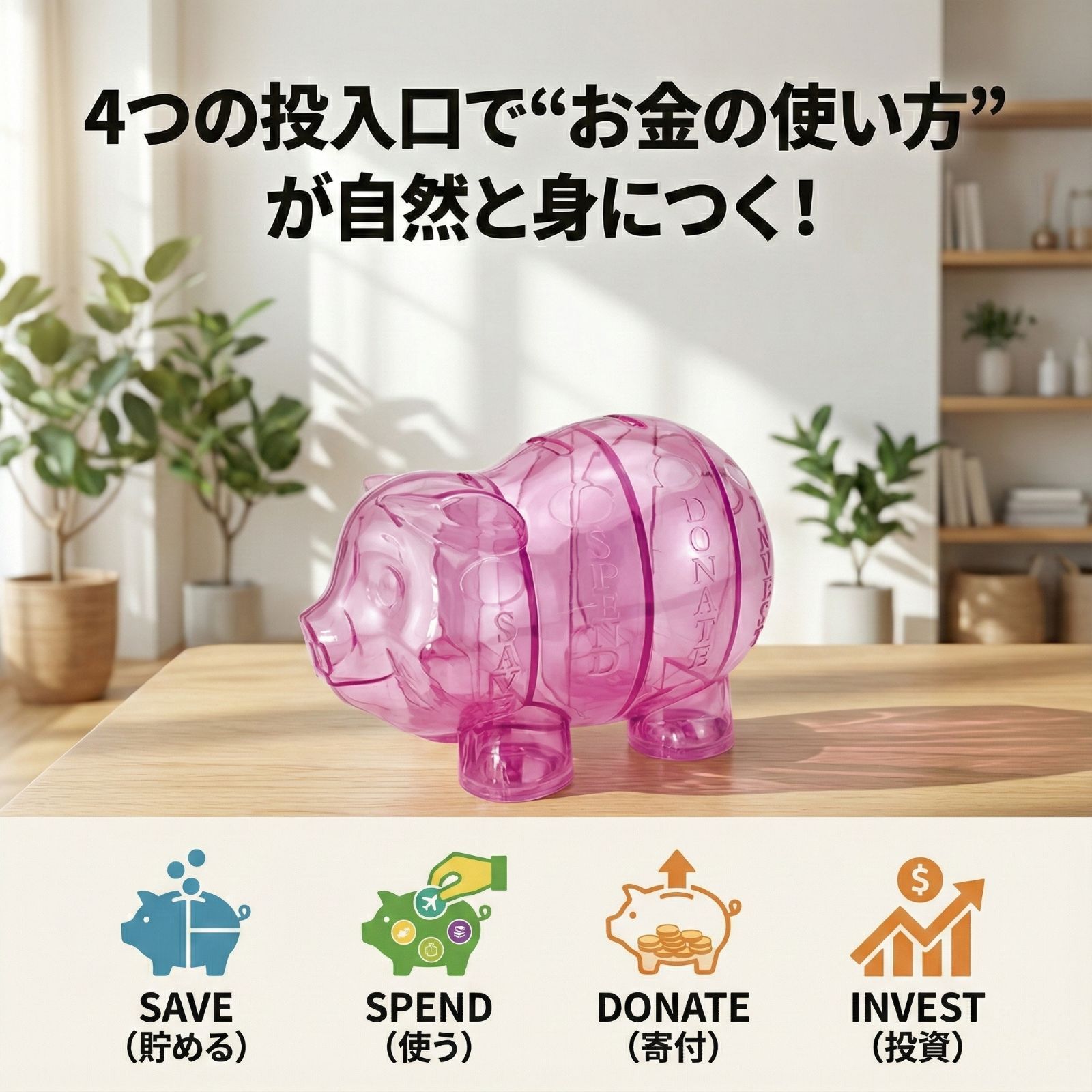 お金の勉強ピギーバンク｜4つの投入口で貯金・使う・寄付・投資が