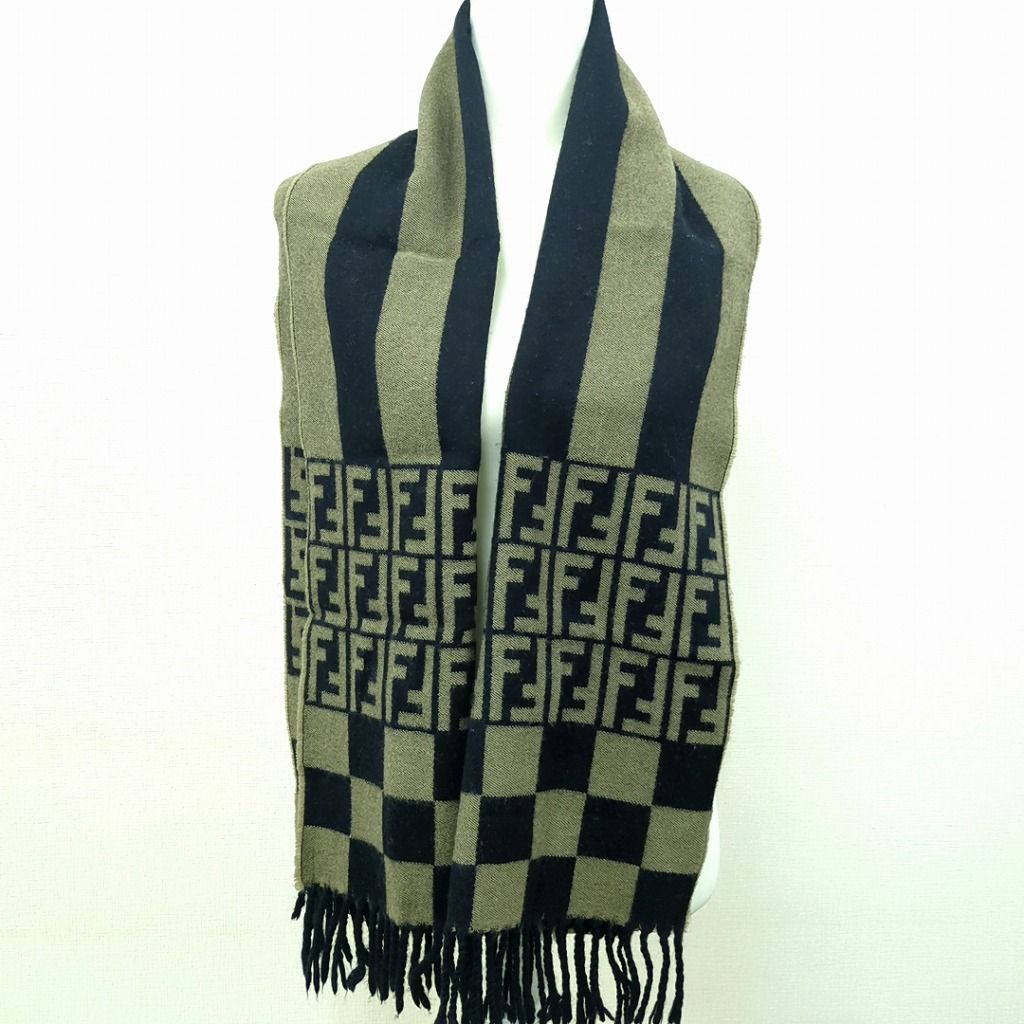 フェンディ ズッカ柄 マフラー 100% ウール ライトブラウン系 ブラック