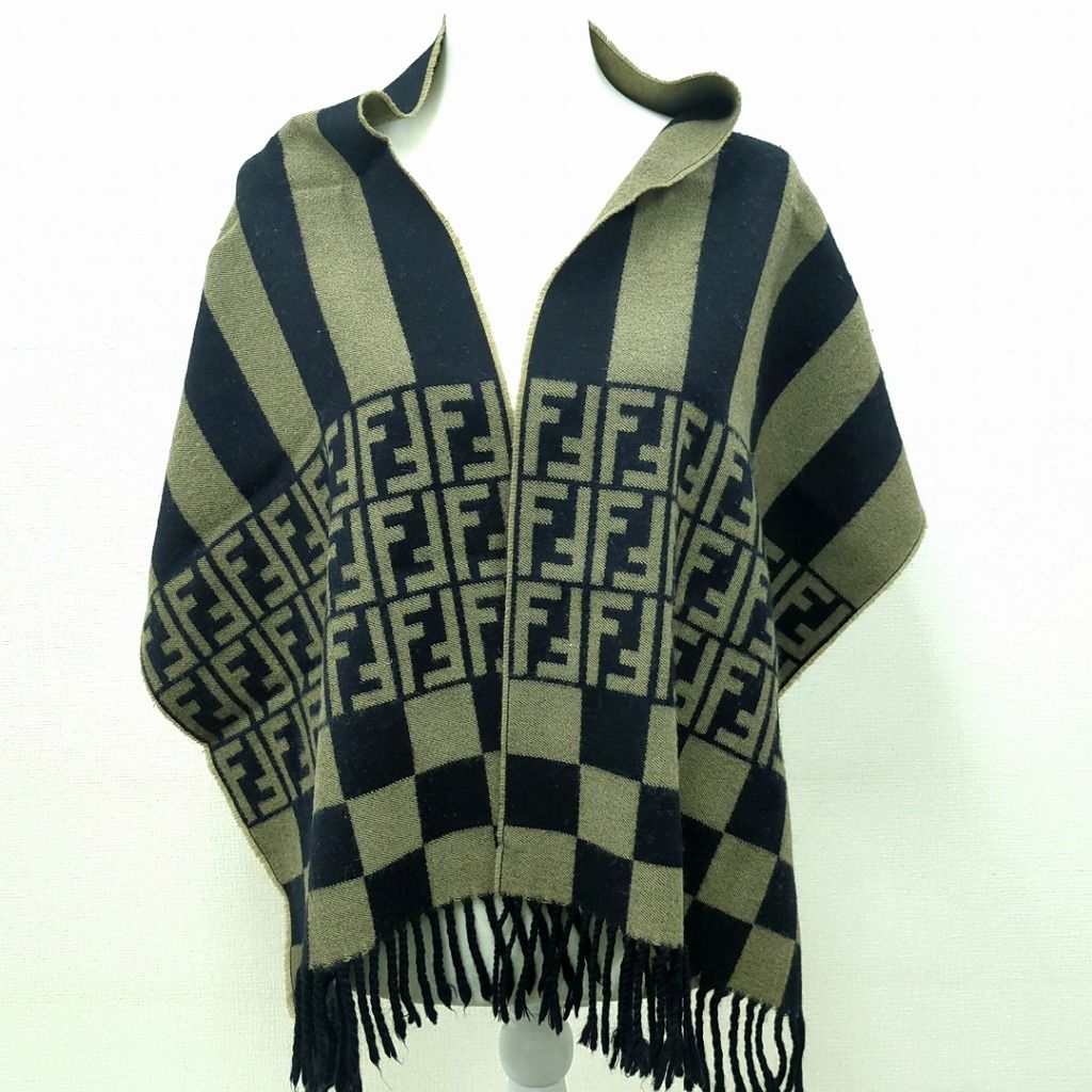 フェンディ ズッカ柄 マフラー 100% ウール ライトブラウン系 ブラック