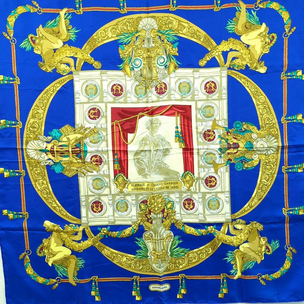 HERMES エルメス カレ90 シャルル ガルニエへの賛辞 シルク スカーフ ブルー フランス製