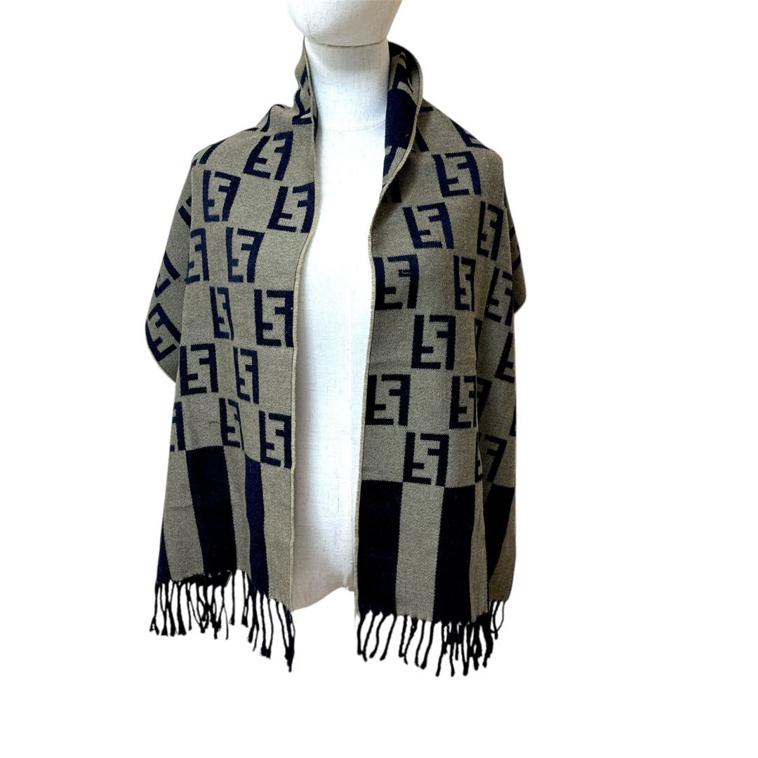 美品 FENDI フェンディ ズッカ柄 マフラー ストール 黒系 x カーキ系