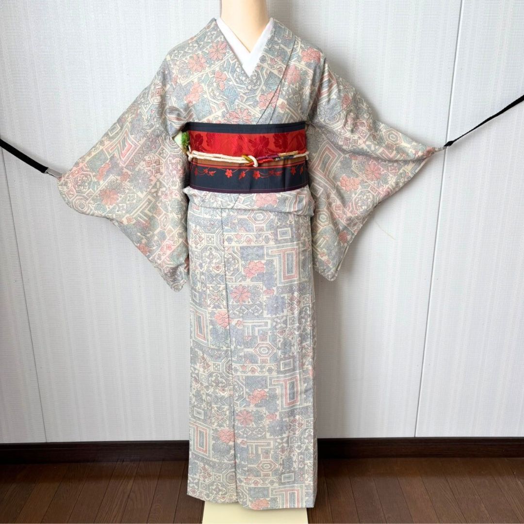 単衣 ウール 着物 セット 長襦袢 半幅帯 帯締め 付 向け ベージュ 洋風模様 博多織 身丈156 cm 裄61.5 カジュアル お出かけ kimono set