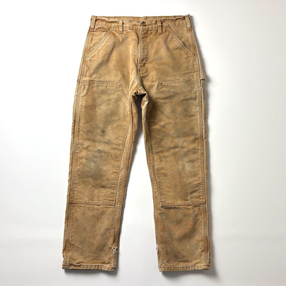 Carhartt カーハート ダブルニー ペインターパンツ ワークパンツ ダックパンツ W 32 L 30 ブラウン 茶色 ネルライナー 裏地フランネル 鬼フェード ヘビーウェイト ハンマーループ 90 s USA古着