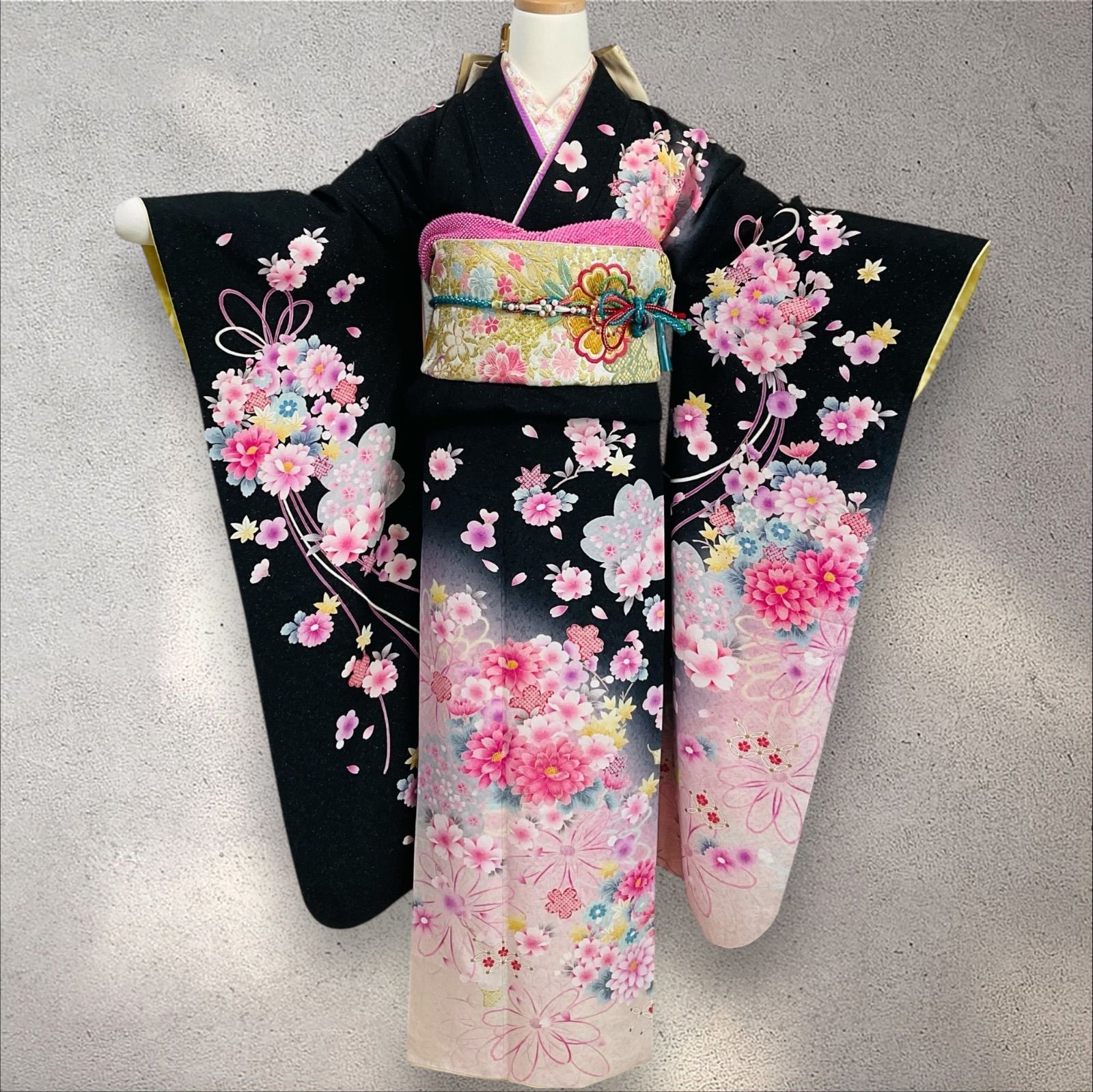 振袖 振袖フルセット 黒系 ピンク 銀通し 刺繍 桜 菊 花玉 正絹