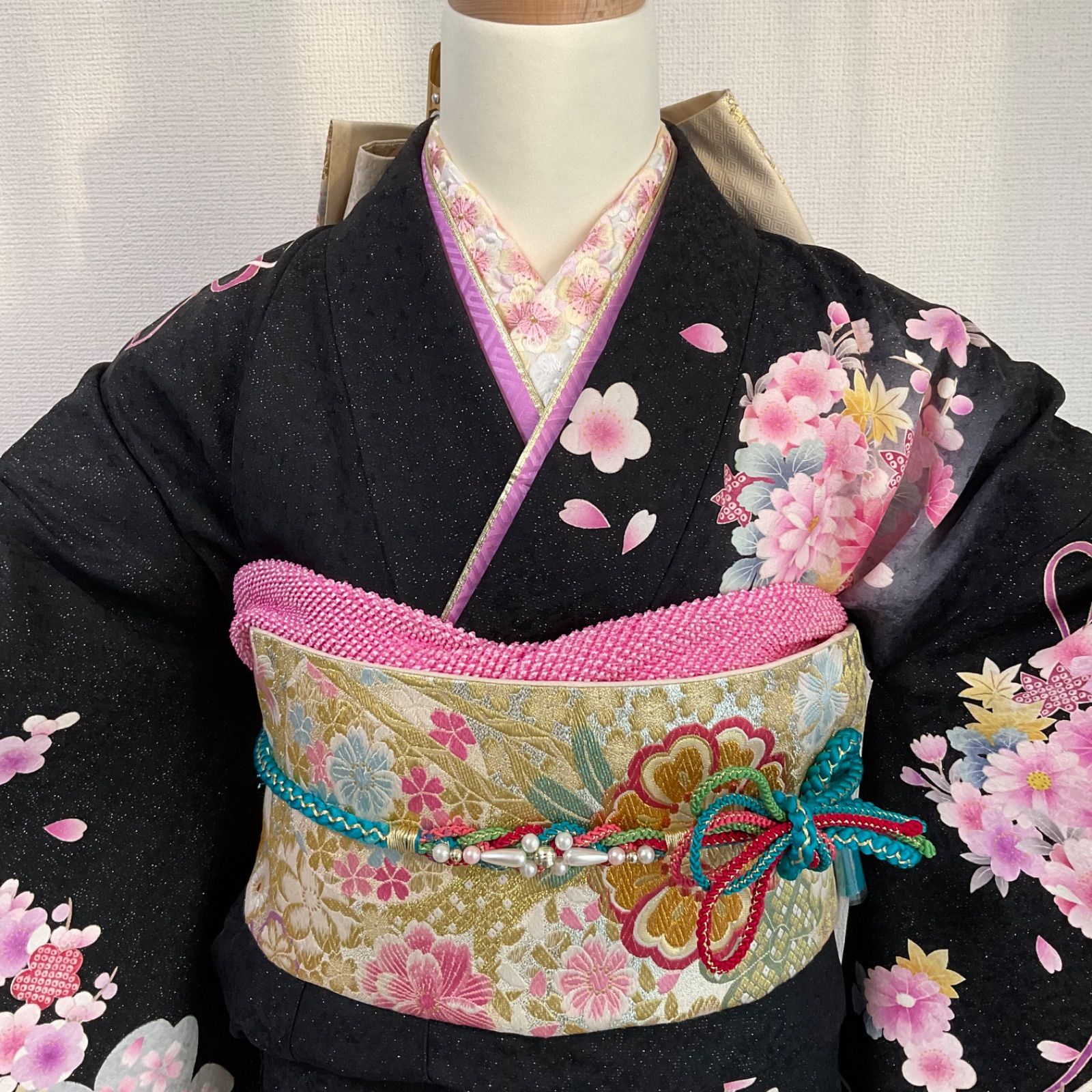 振袖 振袖フルセット 黒系 ピンク 銀通し 刺繍 桜 菊 花玉 正絹