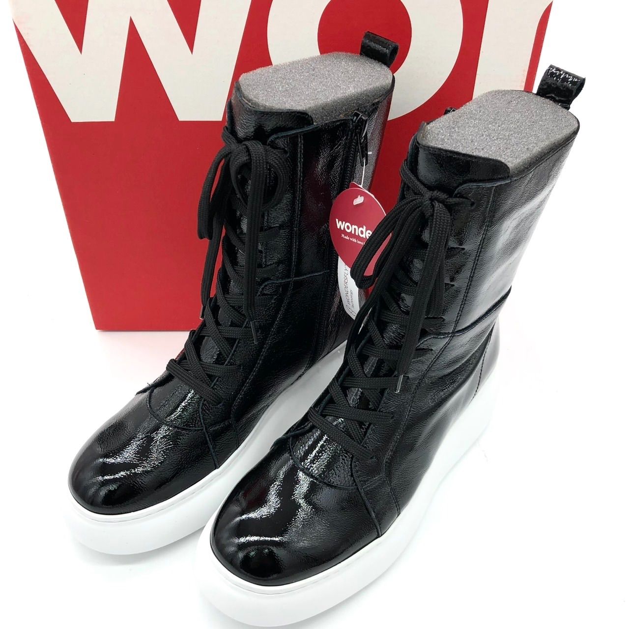 !!! A-2601 Wonders 37 23.5 cm エナメル 厚底 レースアップ ブーツ 黒 WondersFly™ ソール