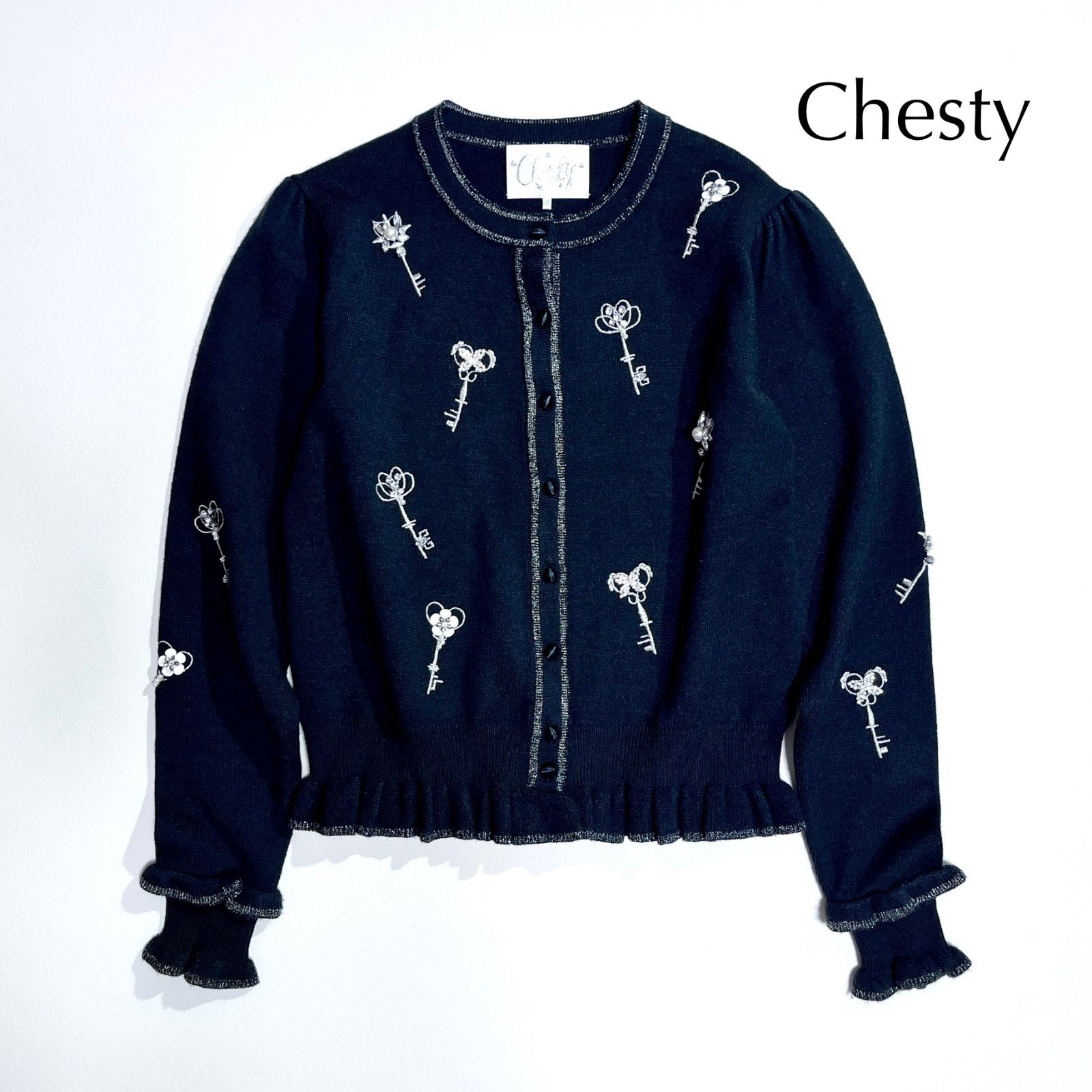 ck114 Chesty 鍵 モチーフ 袖 フリル パフスリーブ 装飾 カーディガン