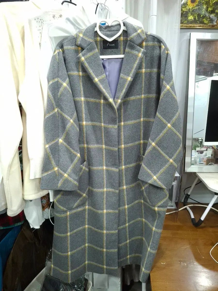 Amaras CHECK ロングコート グレー free