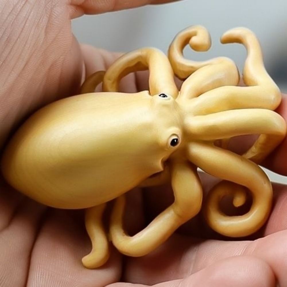 大人気 新入荷彫刻小葉黄楊木製の置物 立体的なタコの木彫 彫刻工芸