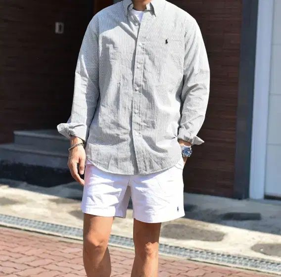 ポロ クラシックフィット シアサッカー ストライプ シャツ M