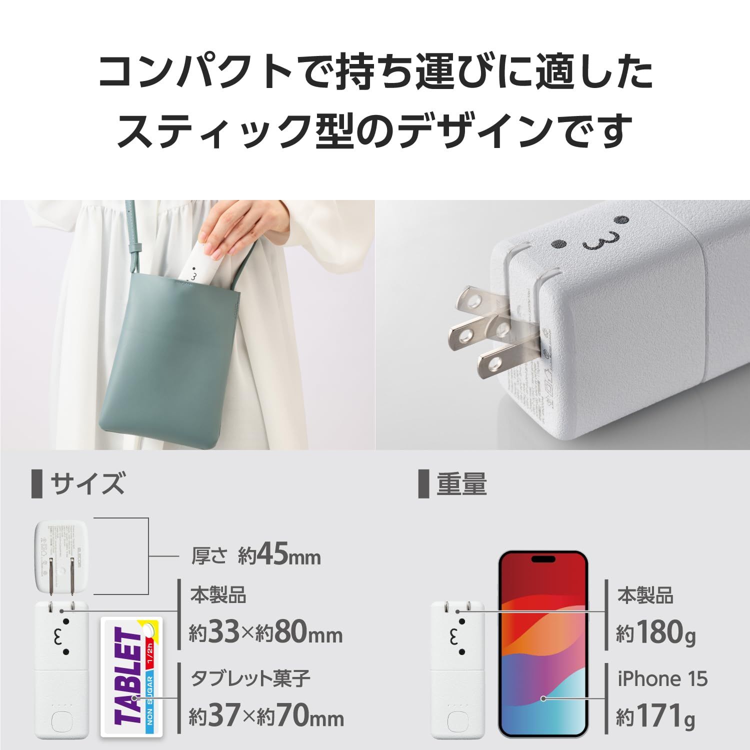 エレコム モバイルバッテリー 5000 mAh AC時30 W 20 コンセント一体型 Type-C 1ポート おまかせ充電 まとめて充電 PSE技術基準適合 しろちゃん DE-AC 09-5000 WF ホワイト×ブラック