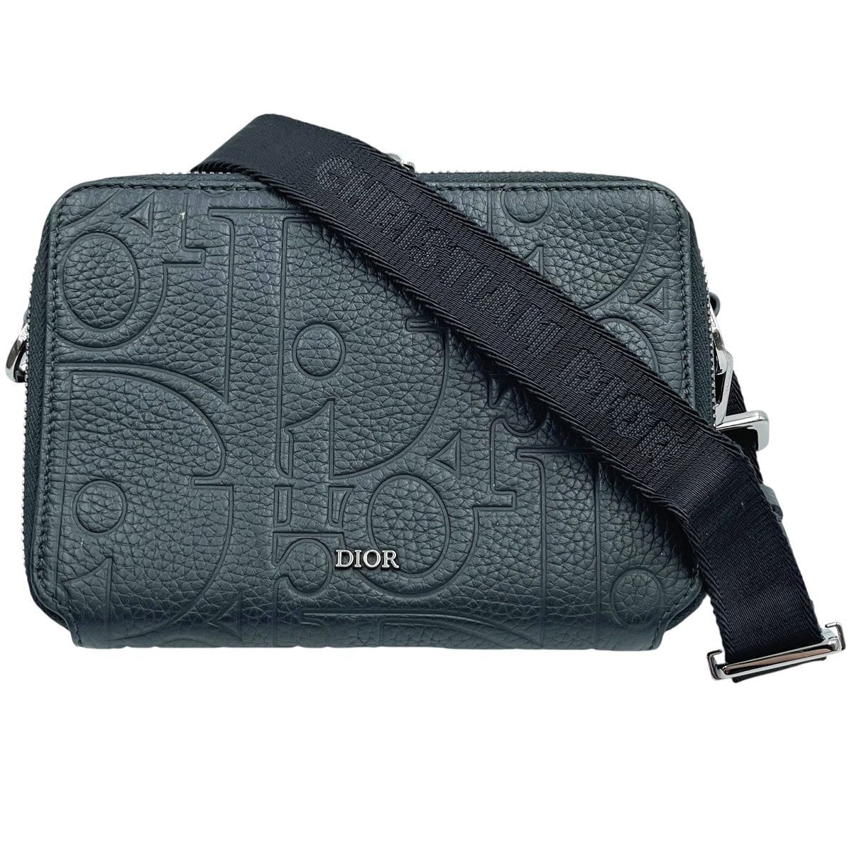 Dior ディオール ショルダーバッグ グラビティレザー ストラップ付きジップポーチ _H 00 N 黒 型押しレザー ロゴ ウォレットオンストラップ メンズ MK