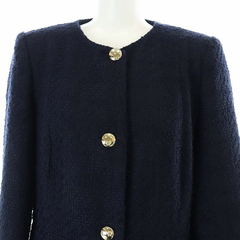 ザラ ZARA ツイード ノーカラーコート ロング M 紺 ネイビー /AT □OS