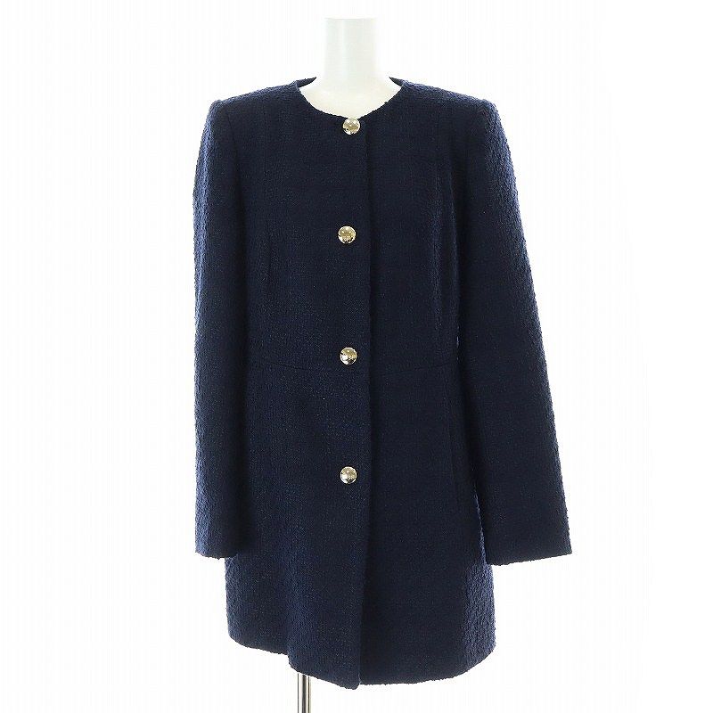 ザラ ZARA ツイード ノーカラーコート ロング M 紺 ネイビー /AT □OS