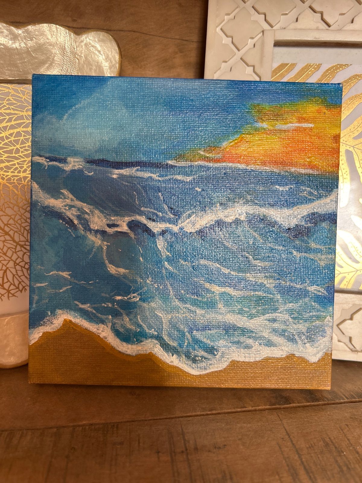 一点物原画】夕焼けの海 波打ち際／アクリル画 キャンバスアート