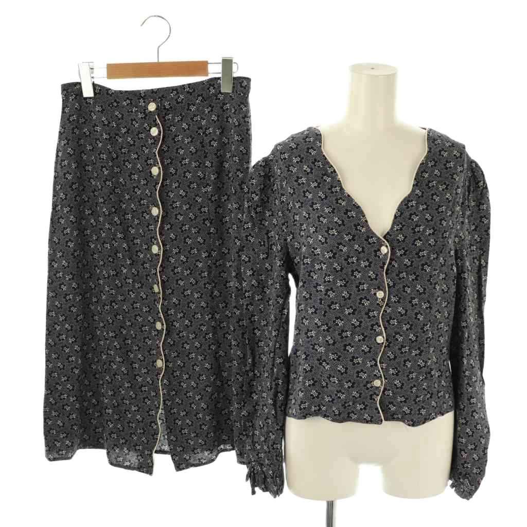 【中古】ルージュ Rouge セットアップ 小花柄 ブラウス スカート 38 ネイビー オフホワイト /DO ■OS レディース ルージュ Rouge セットアップ 小花柄 ブラウス スカート 38 ネイビー