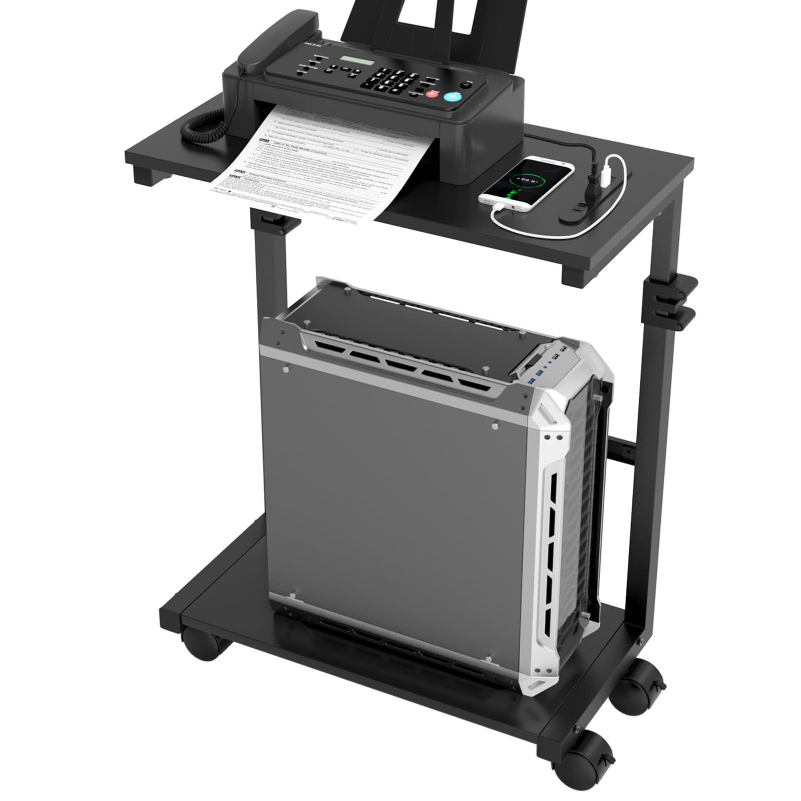 ミノリの恵 パソコンラック 昇降式 L字デスク PCラック ソケットと USB 充電ポート付き PC 台車 2段 CPUスタンド 無段階の高さ調節が タワー スタンド 360°キャスター付き 台