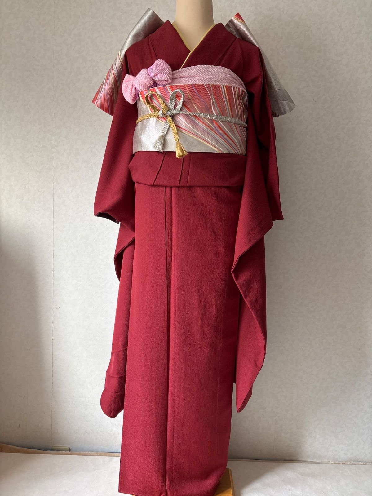 振袖 エンジ系 着物 帯 襦袢無し 裄65