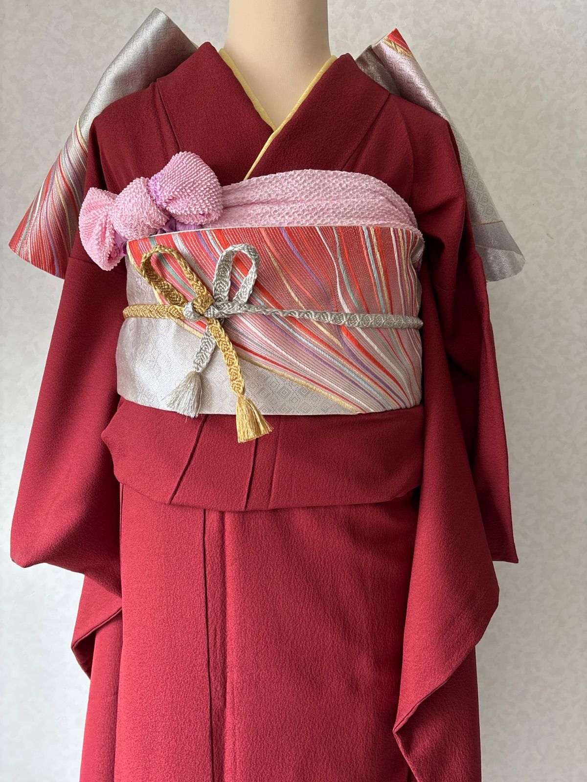 振袖 エンジ系 着物 帯 襦袢無し 裄65