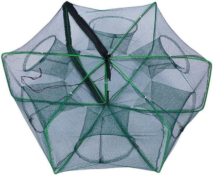 我好開心 魚 陷阱 網 籠 網具 陷阱 捕魚網 輕巧 可摺疊 籠子 釣魚 6孔 (綠色, 直徑60cm x 高度25cm) 的縮圖