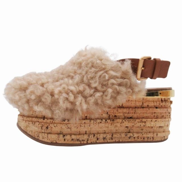 Chloe ファーサンダル　37 美品 クロエ CHLOE 厚底 ファー ボア サンダル コルクウェッジソール